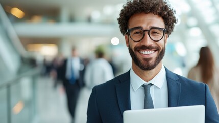 A man in a dark suit holds a tablet, smiling warmly, standing in an expansive, open workspace. The bright setting suggests a professional yet relaxed atmosphere.