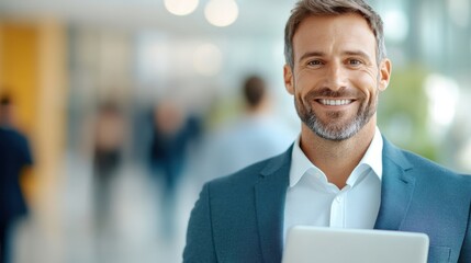 Fototapeta premium A confident man in a neat blue suit holding a tablet, smiling confidently, creating a sense of professionalism and warmth in a sophisticated indoor setting.