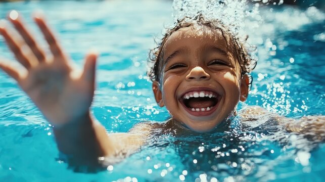 A delightful child in vibrant swimming attire happily splashes in a sunlit pool, radiating pure joy and carefree laughter, amid sparkling water droplets.