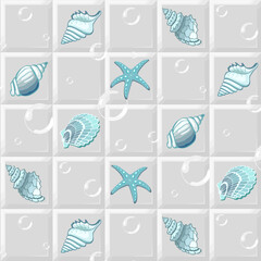 Pattern of seashells on a tile.Vector pattern with sea mollusks on a white tile.