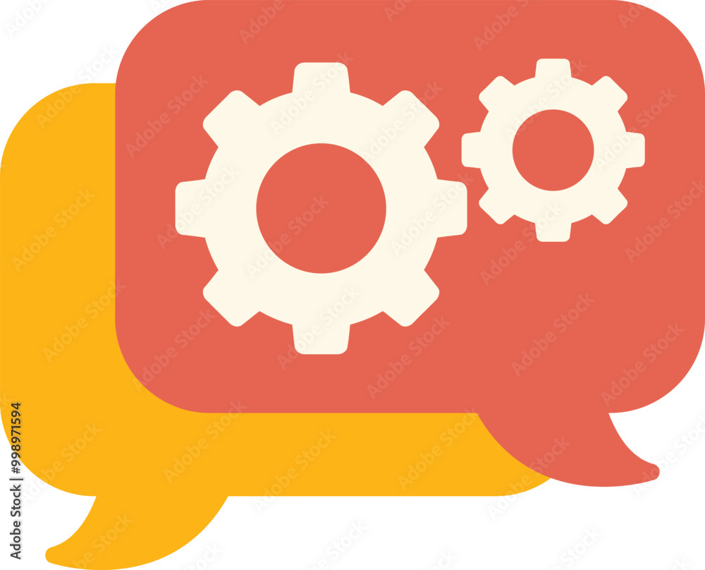 Poster two overlapping speech bubbles with gears inside symbolizing communication and teamwork for successf