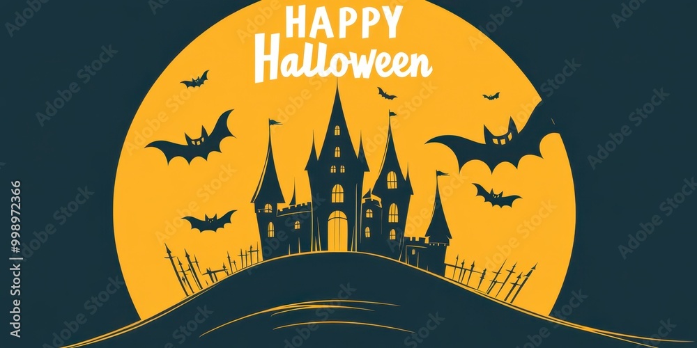 Canvas Prints a silhouetted black gothic castle on a hill with a full moon and flying bats with 
