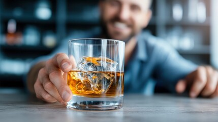A detailed close-up focus of a hand holding a glass of whiskey, ice cubes floating inside, with a blurred background to emphasize the drink's texture and clarity.