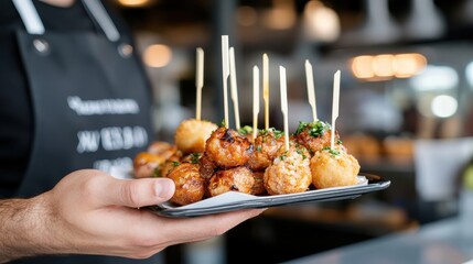 A close-up shot of a server holding a tray filled with assorted appetizers including meatballs and fritters on skewers, garnished with herbs, in a lively restaurant setting.