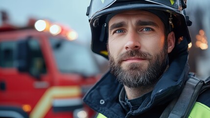 A firefighter geared up with a fire truck in the background, exuding confidence and determination, exemplifies readiness and strength in critical situations.