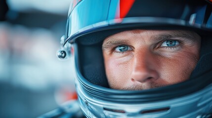 A person is seen wearing a helmet, indicative of a professional auto racing environment, showcasing the adrenaline and protective gear essential for this high-speed sport.