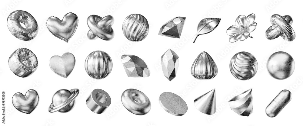 Poster silver object geometry shape set isolated background 3d rendering