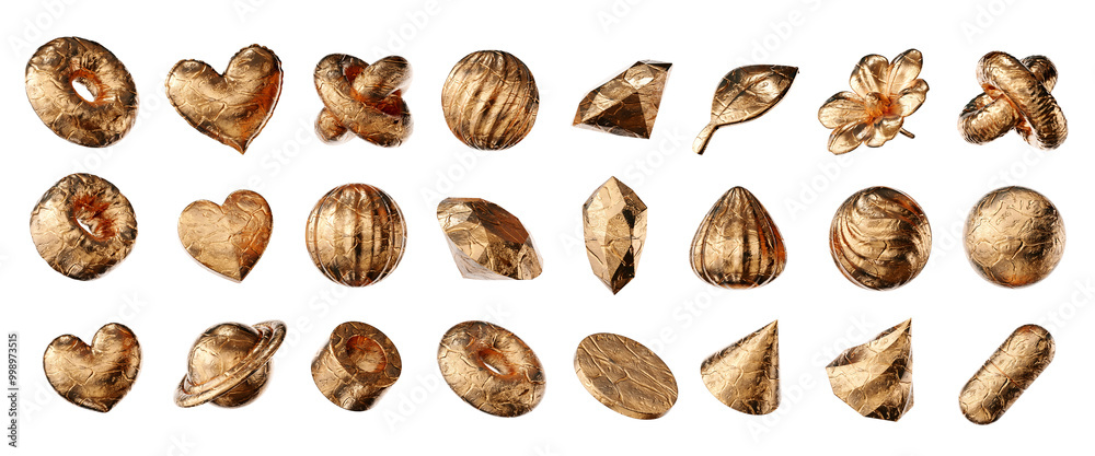 Poster gold object geometry shape set isolated background 3d rendering