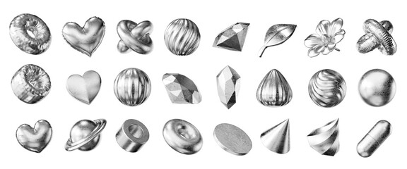 Silver object geometry shape set isolated background 3d rendering
