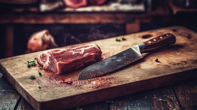 a closeup shot of a raw meat on cutting board with knife on a black surface