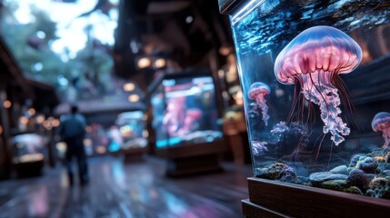 A relaxing visit to an aquarium where a person enjoys watching luminescent jellyfish in large tanks, appreciating marine life and the peaceful ambiance of the place.