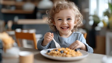 A young child with curly hair uses a fork to eat a bowl of cereal topped with fresh blueberries during breakfast time, sitting at a wooden kitchen table in a cozy home setting.