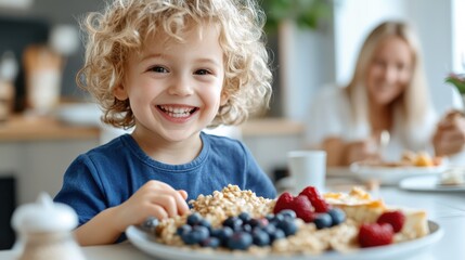 A young child with curly hair enjoys a healthy breakfast of cereal topped with fresh blueberries and raspberries, sitting at a kitchen table in a brightly lit room.