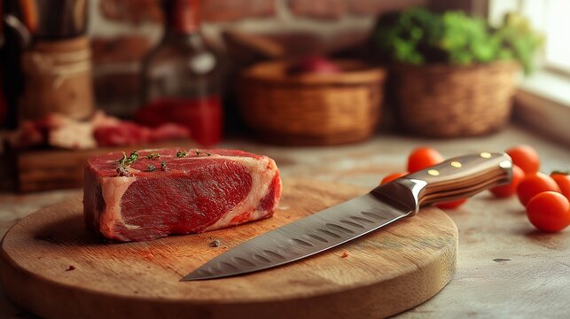 a closeup shot of a raw meat on cutting board with knife on a black surface