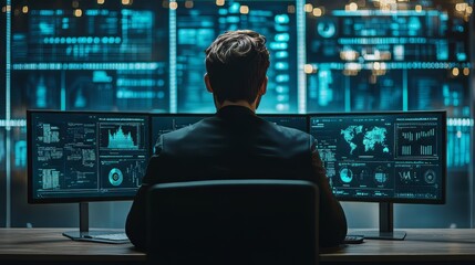 Cybersecurity Analyst Reviewing Data Dashboards for Risk Assessment risk assessment. Ultra realistic. Photorealistic 