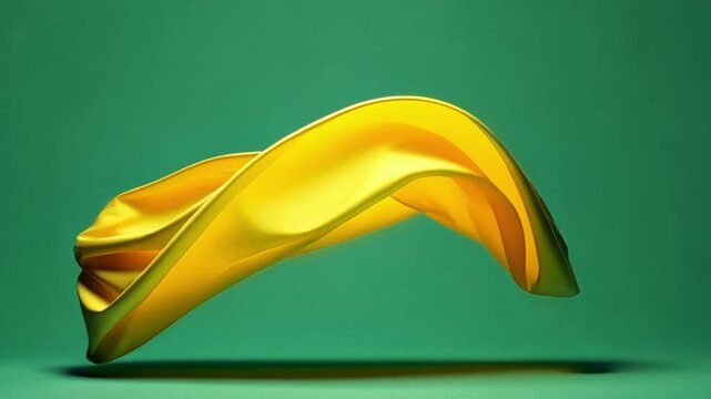 Vibrant yellow silk cloth is floating gracefully against a green screen backdrop, its elegant folds and dynamic movement creating a sense of weightlessness and fluidity