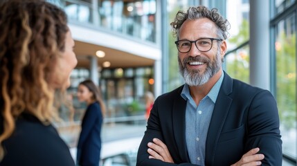 Two business professionals engaged in conversation within a sleek, modern office environment featuring large windows and open spaces, wearing formal attire.