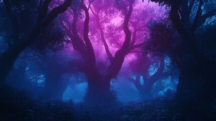 Obraz premium Silhouetted Trees in a Foggy, Purple-Lit Forest
