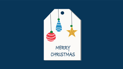 A Christmas tag featuring a festive design with three hanging ornaments, including two baubles and a star, along with the 'Merry Christmas' greeting on a dark blue background.