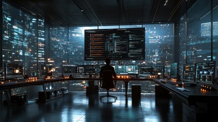 Cybersecurity expert in a high-tech security operations center. risk assessment. Ultra realistic. Photorealistic