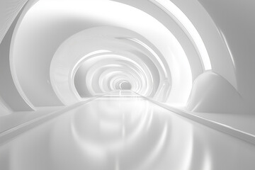 Fototapeta premium long, white tunnel with a bright light shining through it. The tunnel is empty and the light is the only source of color. Scene is calm and peaceful, as the light shines through the tunnel