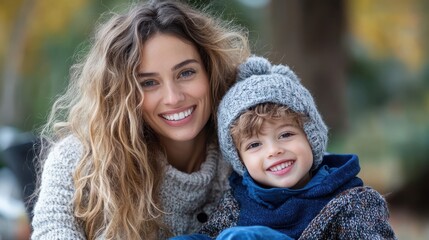 A delighted mother and her child, both dressed in winter attire, enjoy a happy moment outdoors, showcasing warmth, togetherness, and the joy of winter.