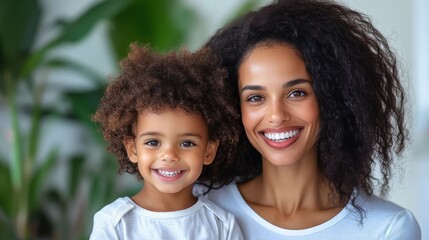 A joyful mother and her young child happily smiling in a bright and cozy home environment with lush green plants in the background conveying warmth and love.