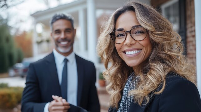 A confident professional woman with glasses smiling warmly while standing outdoors near her home, exuding a sense of accomplishment and poise in her demeanor.