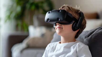 A child engrossed in a virtual reality headset while sitting in a comfortable setting, representing immersion in digital experiences and the fusion of technology and everyday life.