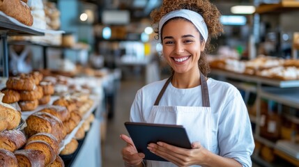 A cheerful female baker with an apron and curly hair is interacting with a tablet in a bustling bakery, surrounded by fresh bread and pastries, radiating positivity.