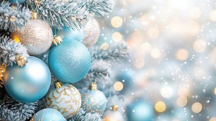 Close-up of glass balls and stars hanging on Christmas tree branches. Illustration for banner, poster, cover, brochure, postcard or presentation.