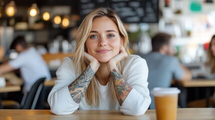 A blonde woman, beautifully tattooed, smiles in a trendy cafe setting, showcasing enjoyment and contemporary style, ideal for stock imagery needs.