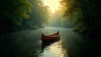 A serene solo canoe drifting on a tranquil river, surrounded by lush green forest and soft light