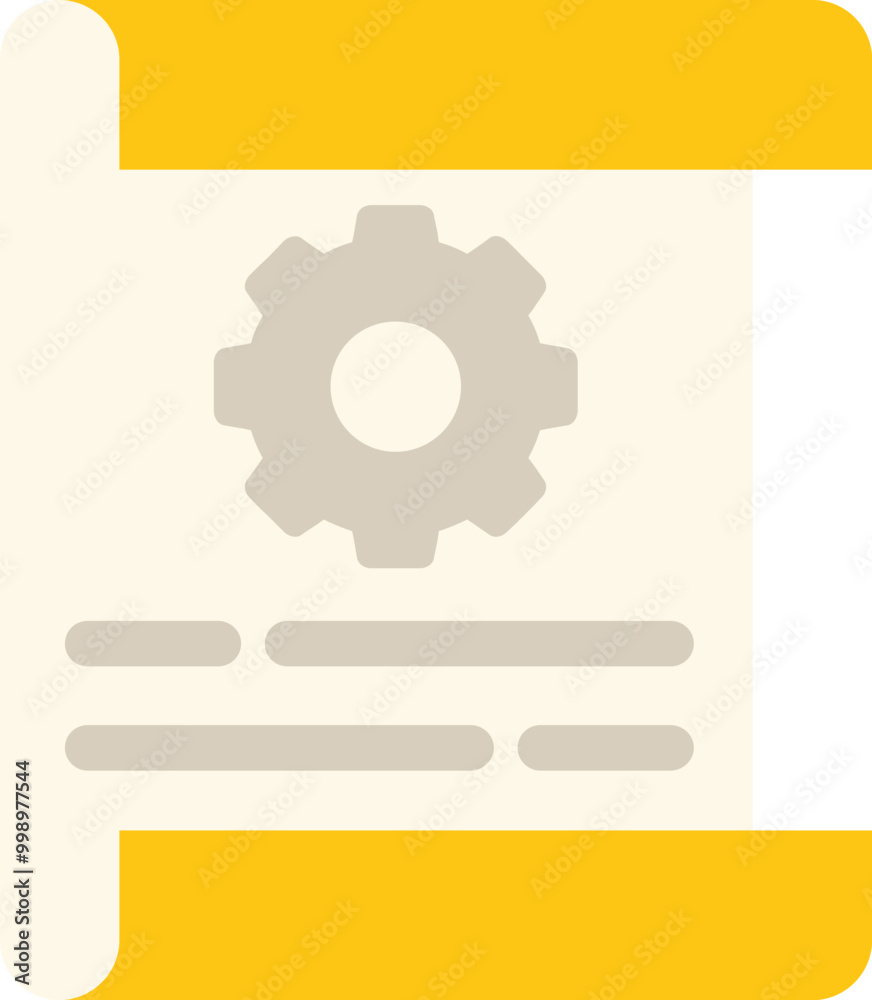 Poster flat vector icon of a technical document with a cogwheel, representing an engineering project or tec