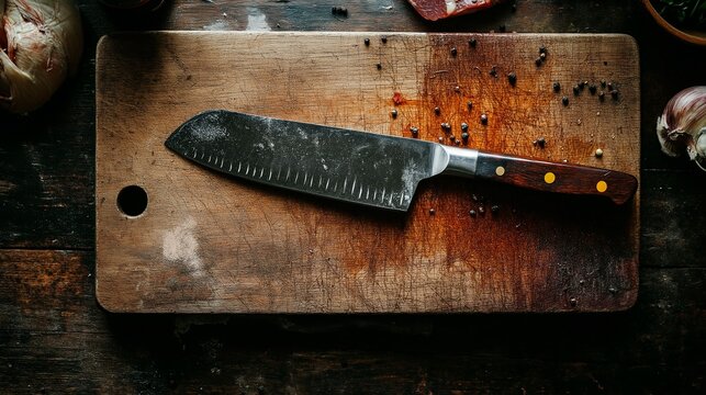 a closeup shot of a raw meat on cutting board with knife on a black surface