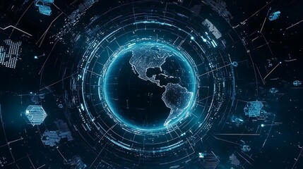 **Description:** A digital representation of Earth surrounded by futuristic data and network connections, symbolizing technology and global connectivity.