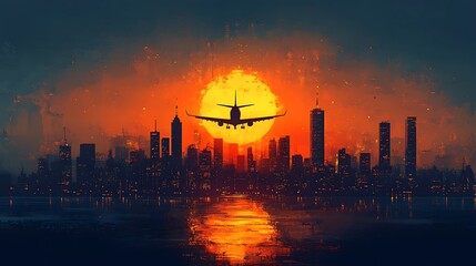Silhouette of a plane flying over a city skyline with a large red sun setting in the background.