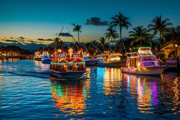 Boats decorated with colorful Christmas lights during holiday parade on water, festive tropical celebration concept