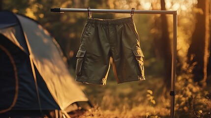 A pair of olive green shorts hanging on a rack, with a tent set against a serene, sunlit forest background.