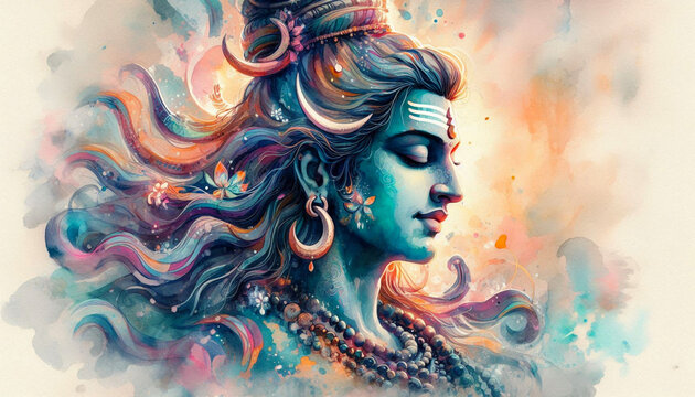 portrait of colorful watercolor painting Indian Hindu religious god Shiva,for religious, Hindu festival Maha Shivratri concept