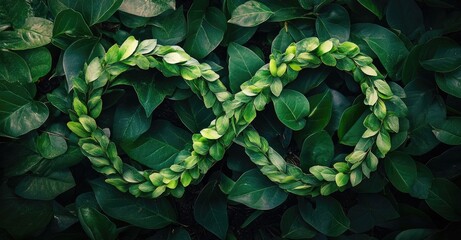 Fototapeta premium Infinity symbol formed by green leaves on a green background.
