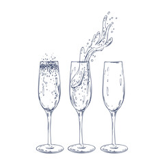 Glasses empty with champagne and with splashes. Graphic illustration hand drawn in black ink. Set of isolated objects EPS vector.