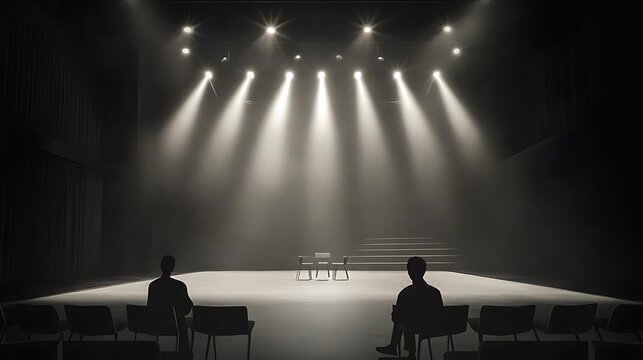 A dimly lit stage with two audience members facing a central table, highlighted by beams of light in an atmospheric setting.