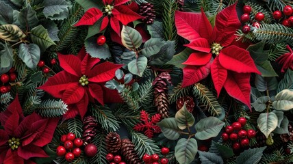 Festive poinsettia arrangement with evergreens and berries