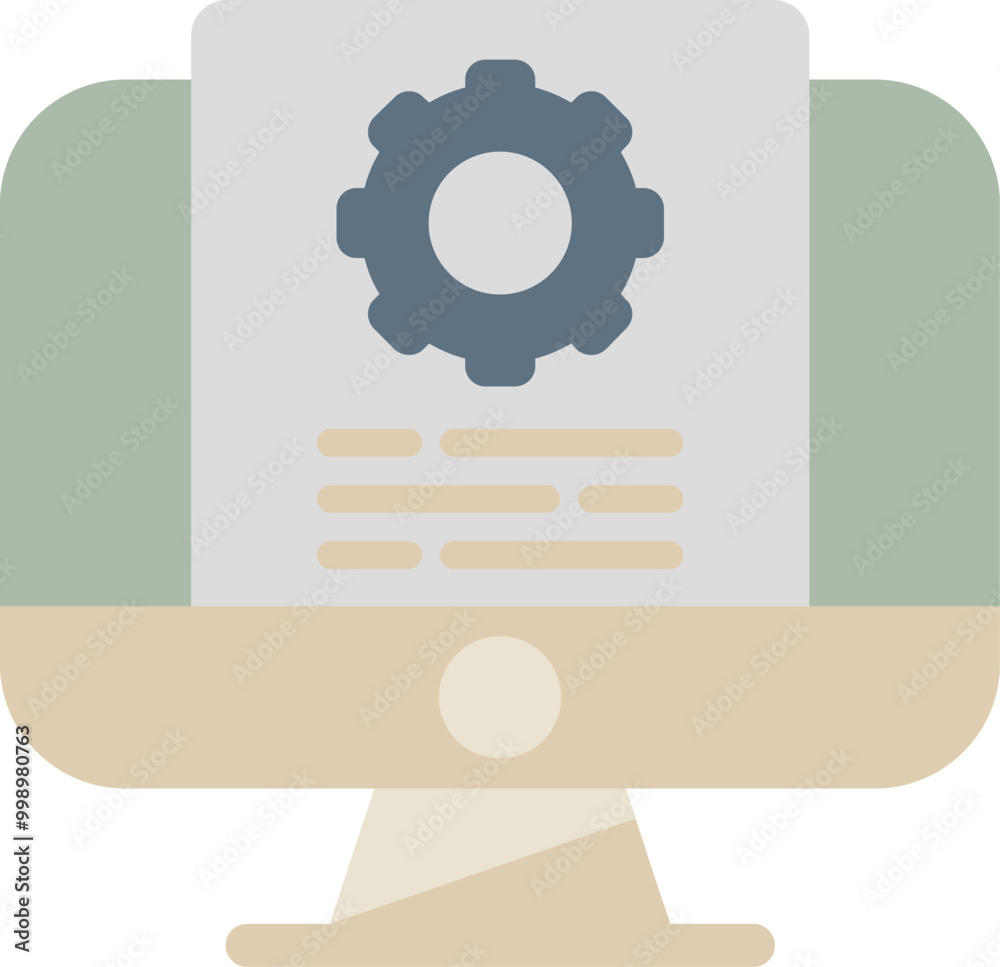 Poster website development process being shown on a computer screen, with a cogwheel icon representing sett