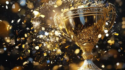 Close shot of a golden cup with a splash of golden confetti on a dark background, winning and success theme
