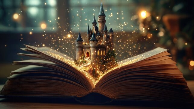 A fairytale castle emerges from an open book, surrounded by magical sparkles.