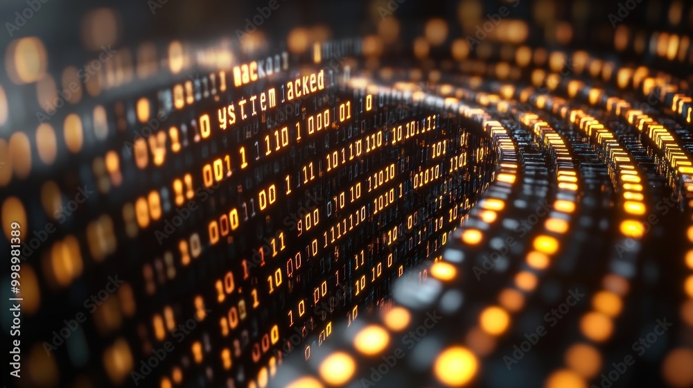 Poster glowing binary code flows in a digital representation of data systems, illustrating the intricacies 