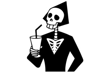 Halloween skeleton drink cocktail. Isolated vector eerie skeletal personage sipping beverage through the straw, embodying the macabre spirit of the night, adding a spooky twist to the celebration