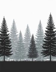 Obraz premium A minimalist illustration of tall evergreen trees in a foggy forest, creating a serene and misty landscape scene with a monochromatic palette.